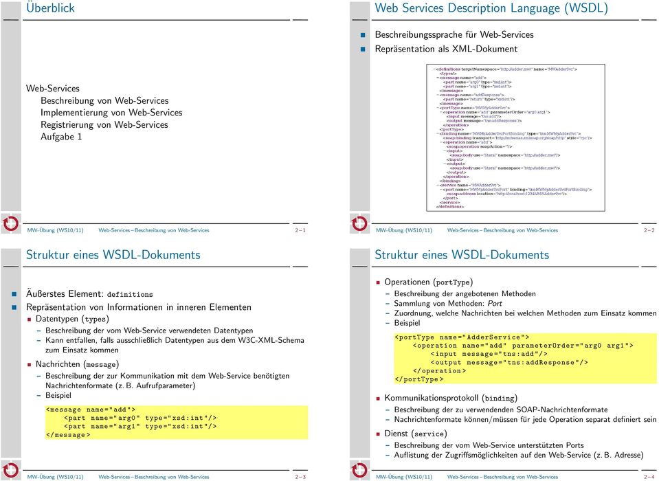 (types) Beschreibung der vom Web-Service verwendeten Datentypen Kann entfallen, falls ausschließlich Datentypen aus dem W3C-XML-Schema zum Einsatz kommen Nachrichten (message) Beschreibung der zur