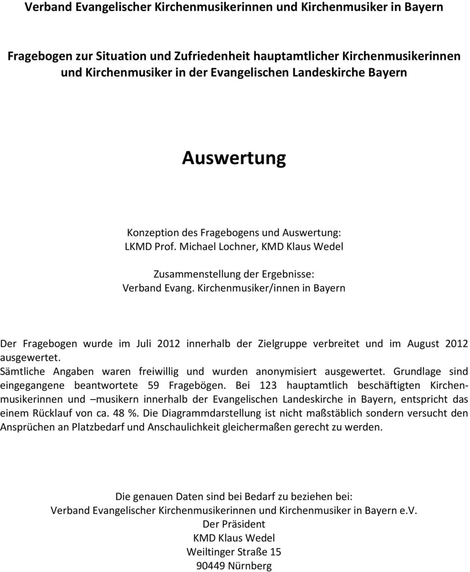 Kirchenmusiker/innen in Bayern Der Fragebogen wurde im Juli 2012 innerhalb der Zielgruppe verbreitet und im August 2012 ausgewertet.