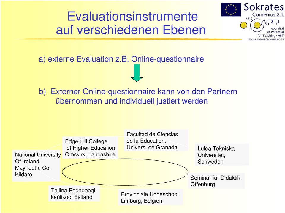 Online-questionnaire b) Externer Online-questionnaire kann von den Partnern übernommen und individuell justiert werden