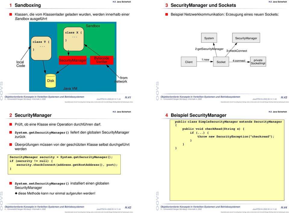 .. System 2:getSecurityManager SecurityManager 3:checkConnect local Code SecurityManager Bytecode Verifier Client 1:new Socket 4:connect private SocketImpl Disk Java VM from network H.41 H.