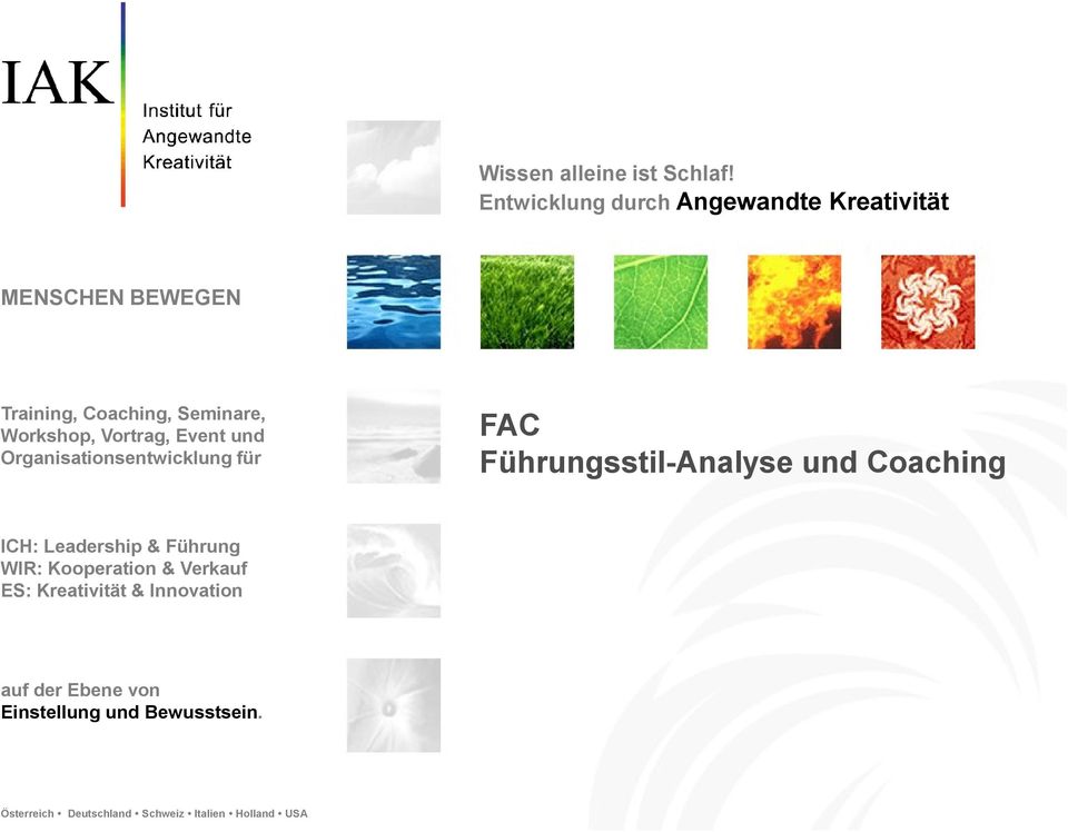 Vortrag, Event und Organisationsentwicklung für FAC Führungsstil-Analyse und Coaching ICH: