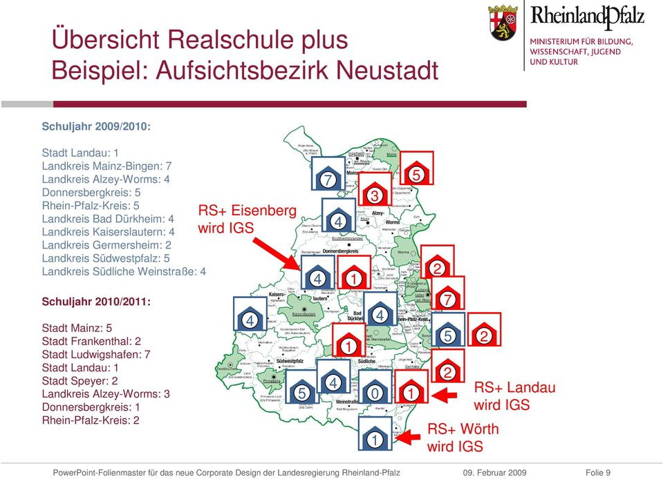 Landkreis Südliche Weinstraße: 4 Schuljahr 2010/2011: Stadt Mainz: 5 Stadt Frankenthal: 2 Stadt Ludwigshafen: 7 Stadt Landau: 1 Stadt Speyer: 2