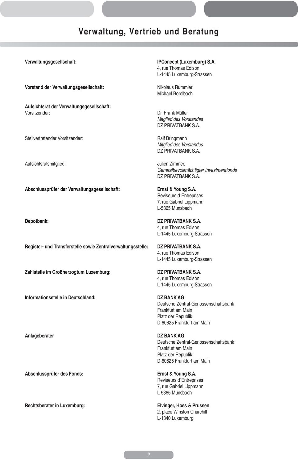 in Deutschland: Anlageberater Abschlussprüfer des Fonds: Rechtsberater in Luxemburg: IPConcept (Luxemburg) S.A. 4, rue Thomas Edison L-1445 Luxemburg-Strassen Nikolaus Rummler Michael Borelbach Dr.