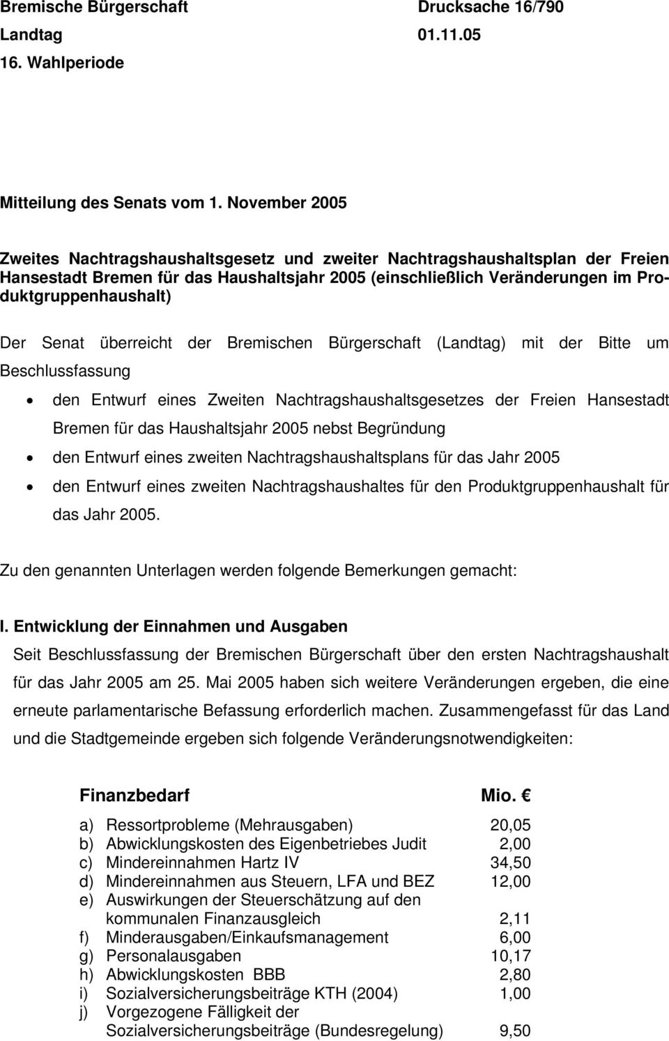 Senat überreicht der Bremischen Bürgerschaft (Landtag) mit der Bitte um Beschlussfassung den Entwurf eines Zweiten Nachtragshaushaltsgesetzes der Freien Hansestadt Bremen für das Haushaltsjahr 2005