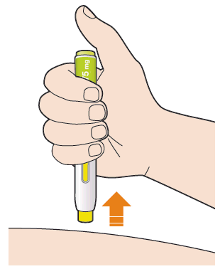 Drücken Sie den Pen nach dem Loslassen des Knopfes weiterhin fest auf Ihre Haut. Die Injektion kann bis zu 20 Sekunden dauern.