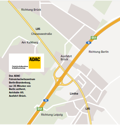 linthe@fahrsicherheit.de Das ADAC Fahrsicherheitszentrum Berlin-Brandenburg liegt unmittelbar an der Autobahnabfahrt Brück/Linthe der A9 (Berlin München).