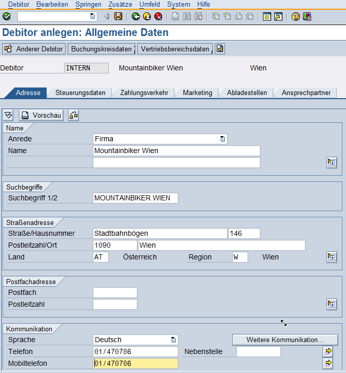 Reiter Adresse Hier werden die Adressdaten des Kunden hinterlegt.