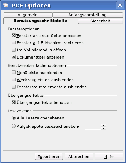Abbildung 6: Dialog PDF Optionen - Register Benutzerschnittstelle Mit der Version 2.2 wurden auf diesem Register zwei Bereiche neu hinzugefügt.