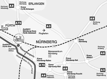 Anfahrtsweg A73 Richtung Süden bis Kreuz Nürnberg-Hafen Dort geht die A73 direkt in die Südwesttangente über und verläuft parallel zum Rhein-Main-Donau-Kanal. Bitte fahren Sie die Ausfahrt N-Höfen ab.