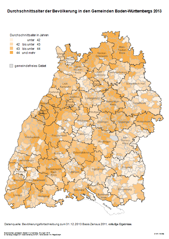 Landkreisprofil Landkreis Karlsruhe 14 Abbildung 5: Durchschnittsalter der Bevölkerung in den Gemeinden Baden-Württembergs 2013 Hinweis auf Berechnung Gibt Aufschluss über die Alterung der