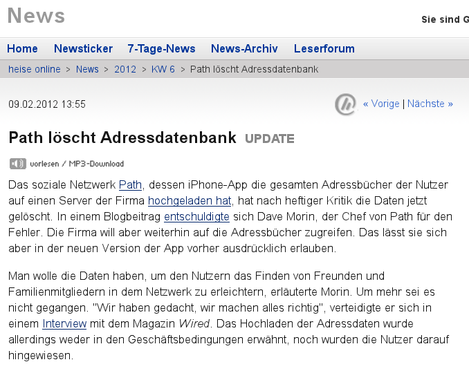 Schwachstelle Zugriff auf Adressbuch (I) Heise News vom 09.02.2012 (http://www.heise.