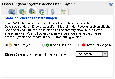 Ist Ihr Rechner mit dem Internet verbunden ist, gehen Sie wie folgt vor: Rufen Sie im Flash Player die Einstellungen auf.