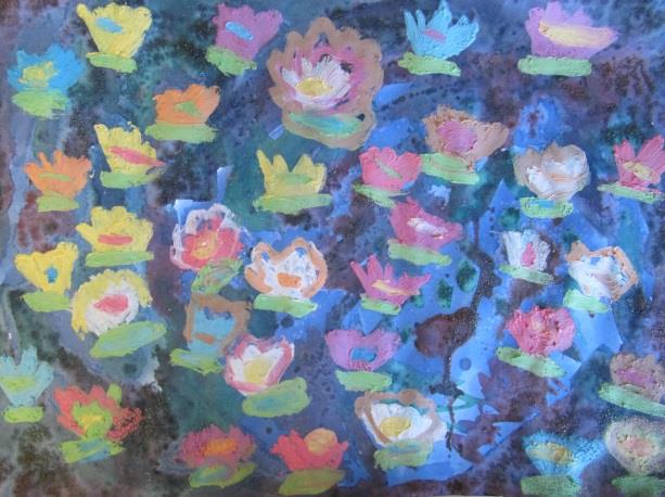 Kunst Lernbereich 1: Bildende Kunst LehrplanPLUS Kunst Betrachten des Seerosenbildes von Monet. Die Aufgabe ist nun, selbst Seerosen zu gestalten. Dazu beginnt man mit dem Wasser.