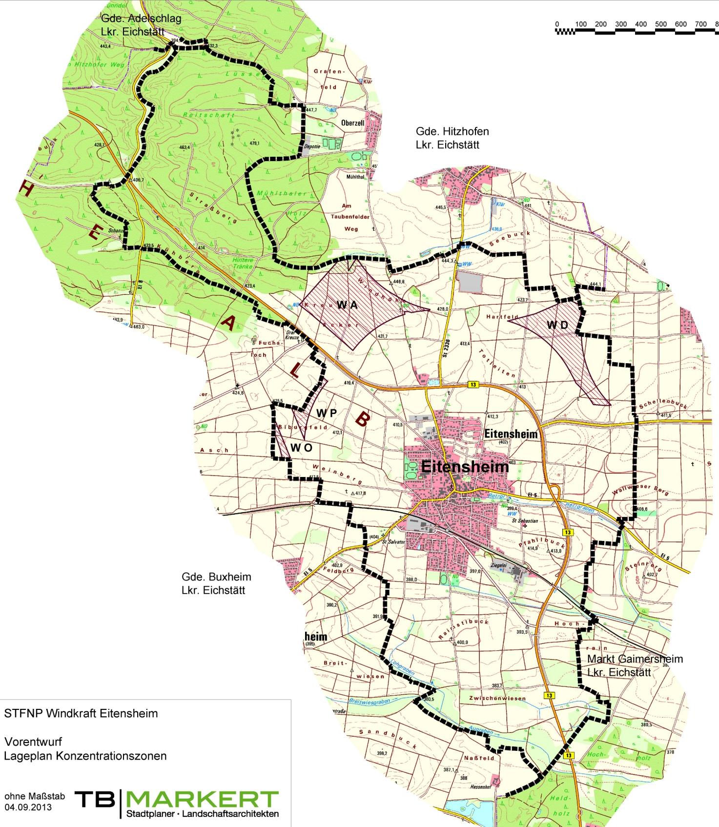 Flächenübersicht der im Vorentwurf vom 16.08.2013 dargestellten vier Konzentrationszonen WA, WD, WO und WP mit einer Gesamtfläche von 90,9 ha.