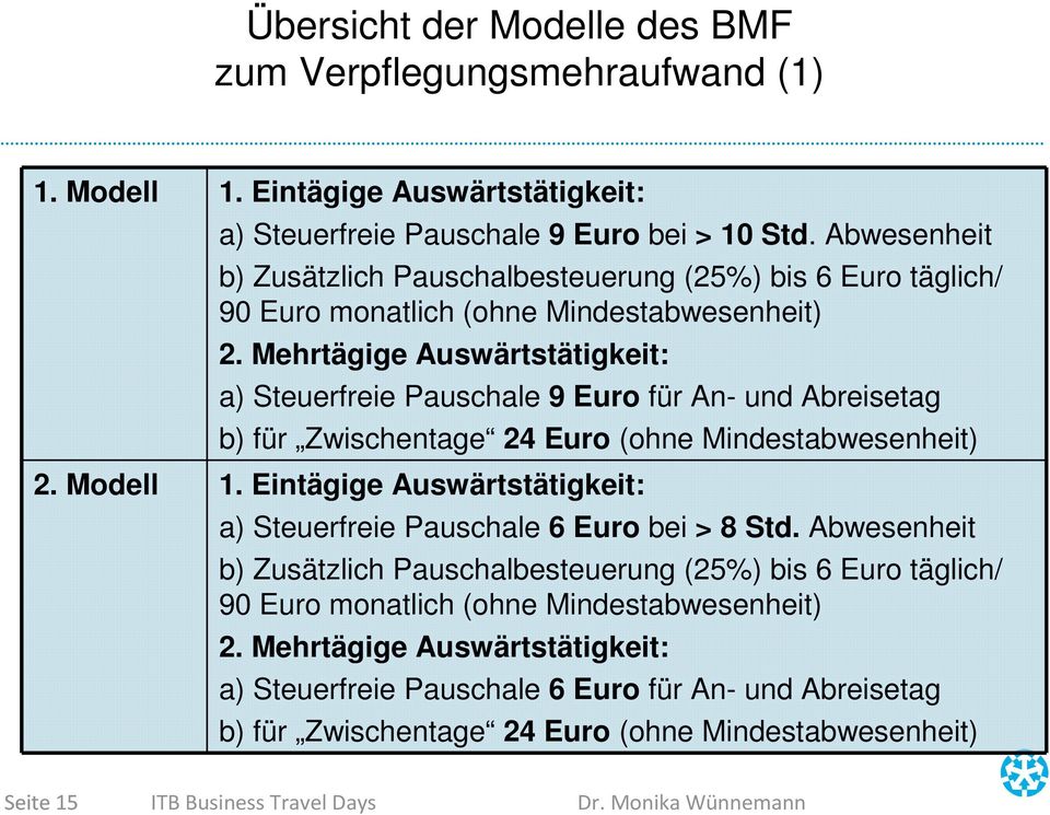 Mehrtägige Auswärtstätigkeit: a) Steuerfreie Pauschale 9 Euro für An- und Abreisetag b) für Zwischentage 24 Euro (ohne Mindestabwesenheit) 2. Modell 1.