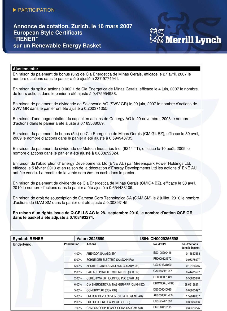 002:1 de Cia Energetica de Minas Gerais, efficace le 4 juin, 2007 le nombre de leurs actions dans le panier a été ajusté à 0.475954988.