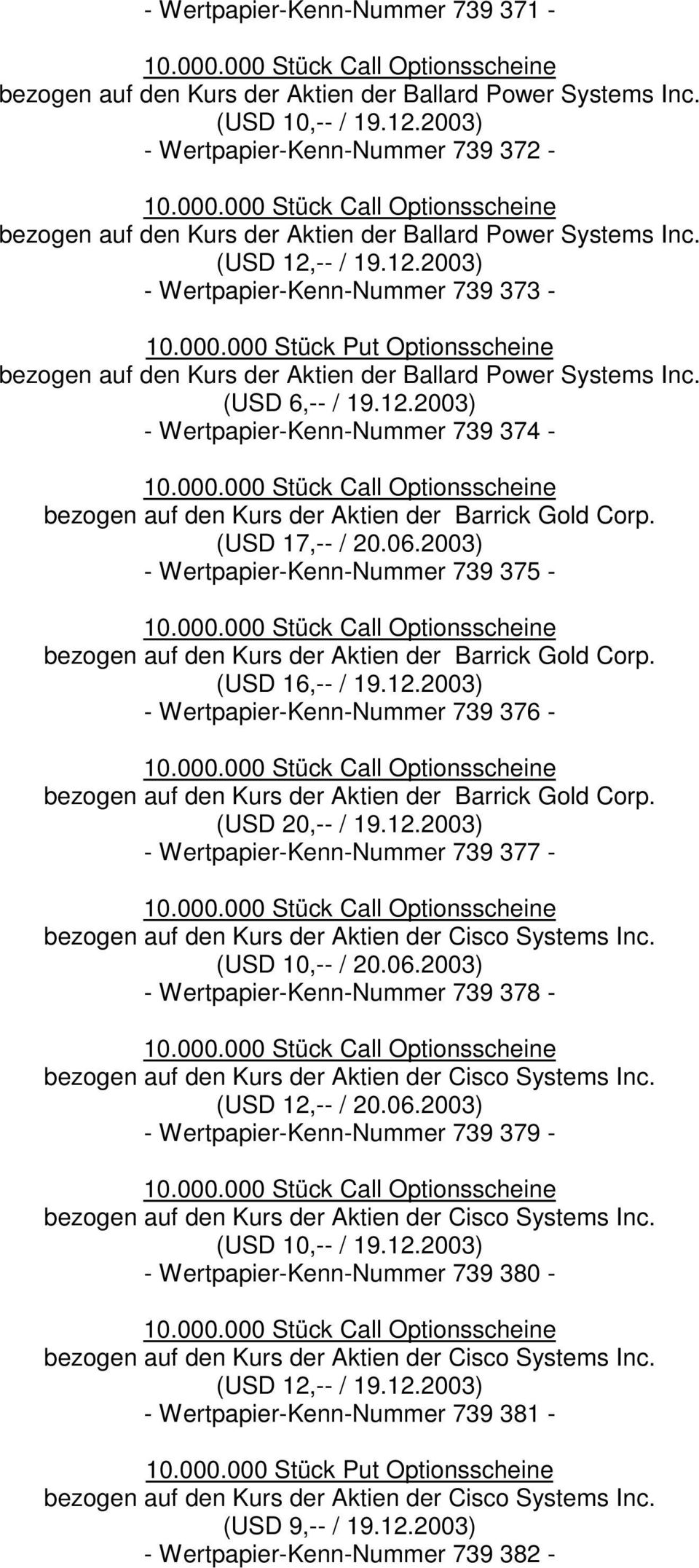 -- / 19.12.2003) - Wertpapier-Kenn-Nummer 739 373 - bezogen auf den Kurs der Aktien der Ballard Power Systems Inc. (USD 6,-- / 19.12.2003) - Wertpapier-Kenn-Nummer 739 374 - bezogen auf den Kurs der Aktien der Barrick Gold Corp.