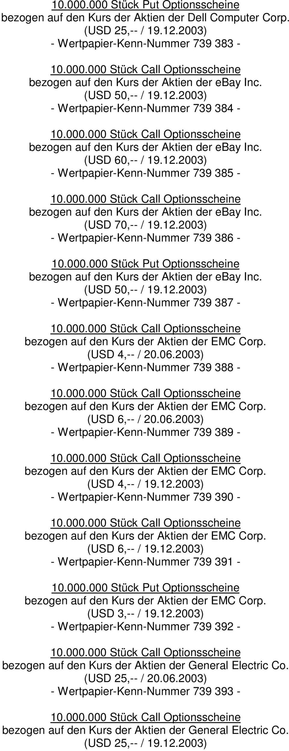 (USD 50,-- / 19.12.2003) - Wertpapier-Kenn-Nummer 739 387 - bezogen auf den Kurs der Aktien der EMC Corp. (USD 4,-- / 20.06.