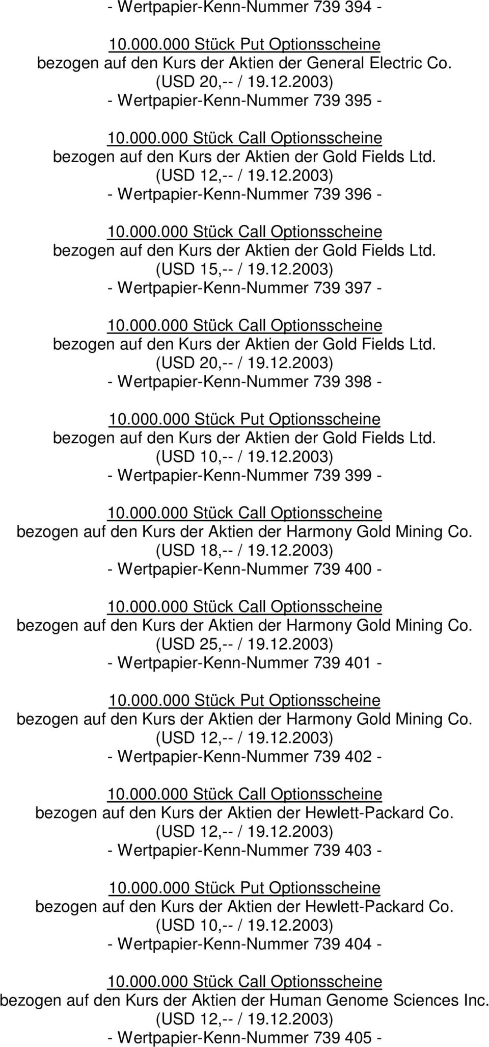 (USD 15,-- / 19.12.2003) - Wertpapier-Kenn-Nummer 739 397 - bezogen auf den Kurs der Aktien der Gold Fields Ltd. (USD 20,-- / 19.12.2003) - Wertpapier-Kenn-Nummer 739 398 - bezogen auf den Kurs der Aktien der Gold Fields Ltd.