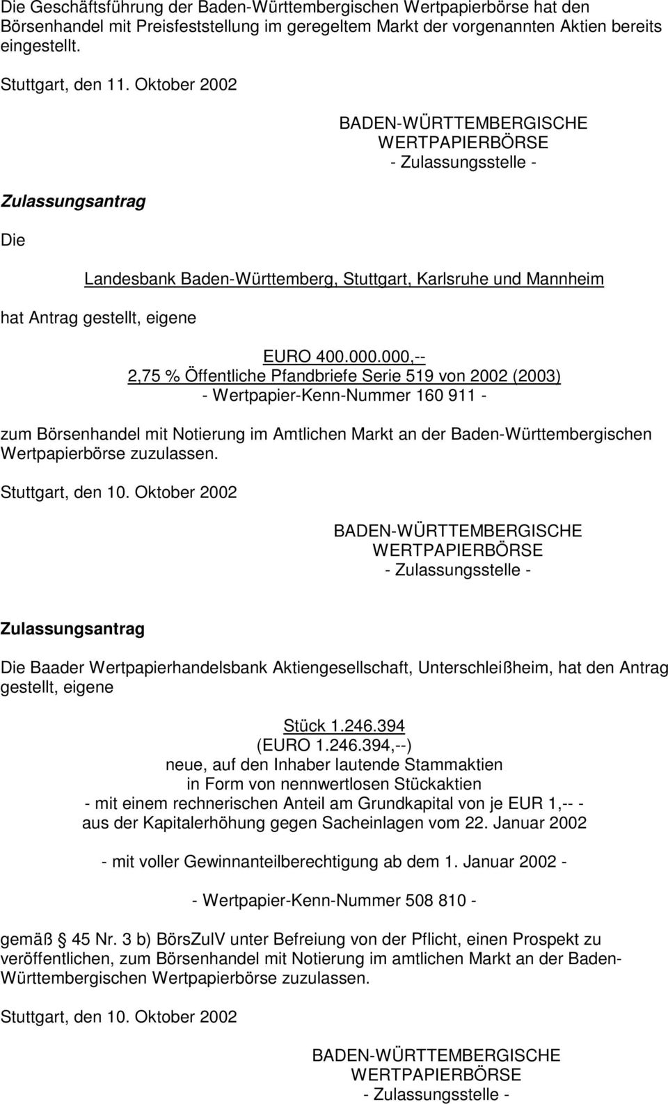 000,-- 2,75 % Öffentliche Pfandbriefe Serie 519 von 2002 (2003) - Wertpapier-Kenn-Nummer 160 911 - zum Börsenhandel mit Notierung im Amtlichen Markt an der Baden-Württembergischen Wertpapierbörse