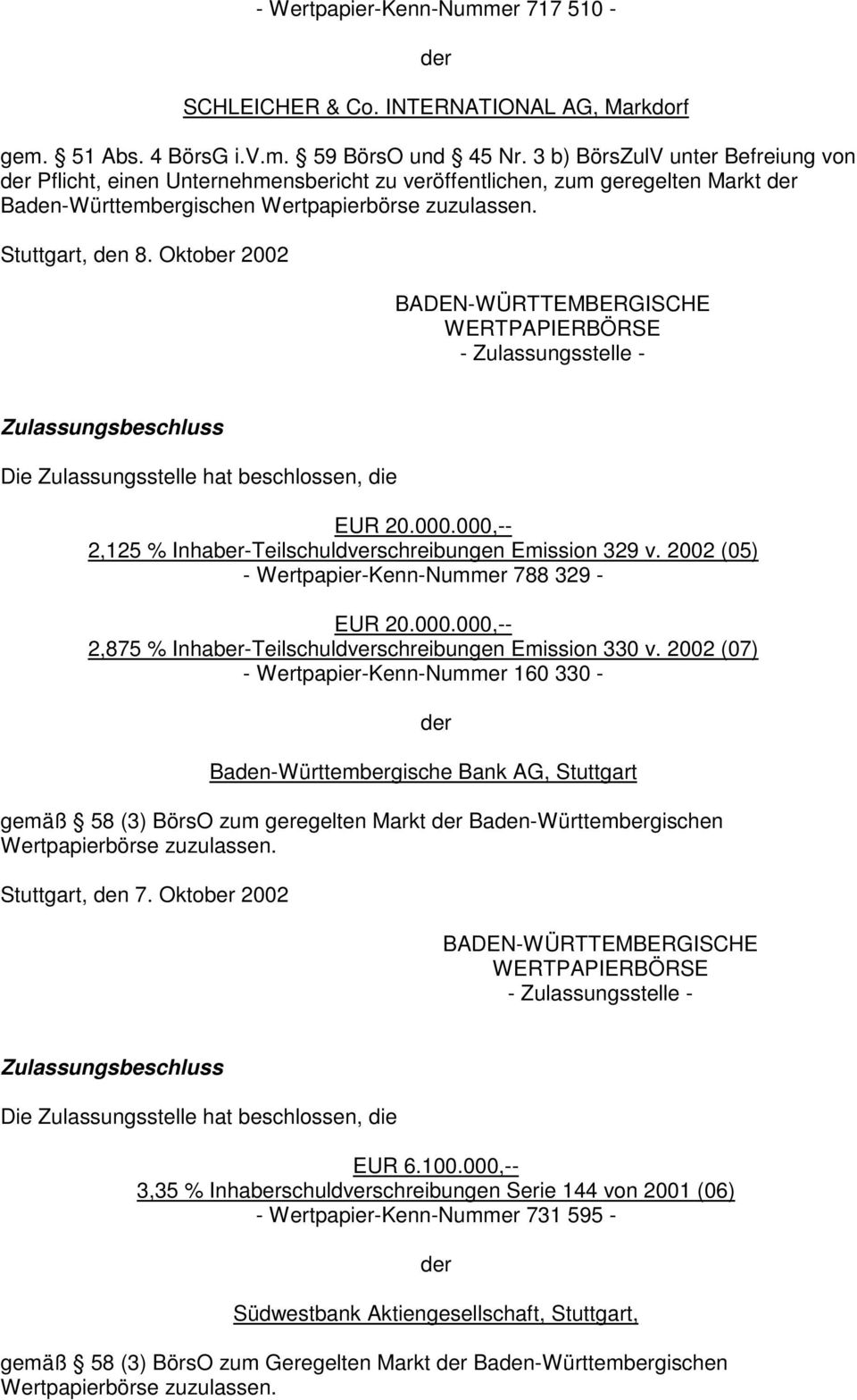 Oktober 2002 BADEN-WÜRTTEMBERGISCHE WERTPAPIERBÖRSE - Zulassungsstelle - Zulassungsbeschluss Die Zulassungsstelle hat beschlossen, die EUR 20.000.