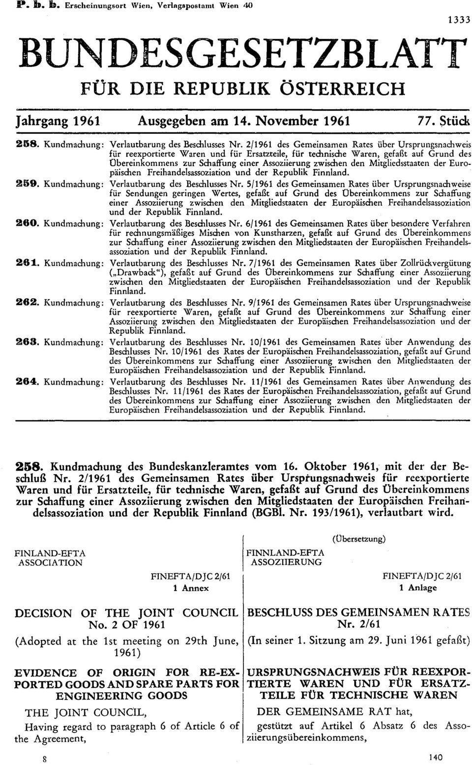 2/1961 des Gemeinsamen Rates über Ursprungsnachweis für reexportierte Waren und für Ersatzteile, für technische Waren, gefaßt auf Grund des Übereinkommens zur Schaffung einer Assoziierung zwischen