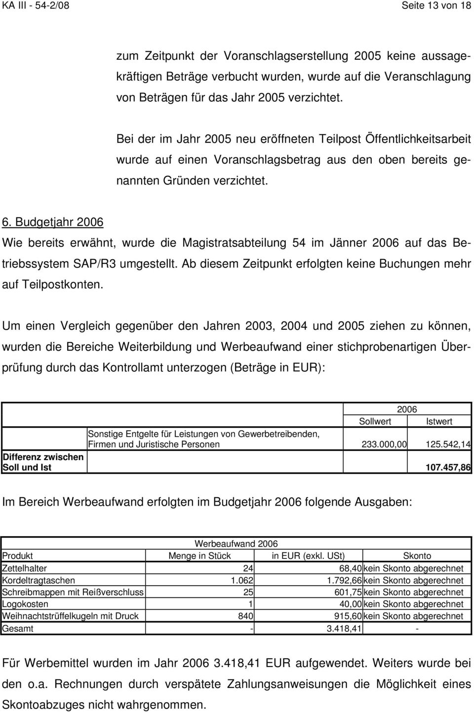 Budgetjahr 2006 Wie bereits erwähnt, wurde die Magistratsabteilung 54 im Jänner 2006 auf das Betriebssystem SAP/R3 umgestellt. Ab diesem Zeitpunkt erfolgten keine Buchungen mehr auf Teilpostkonten.