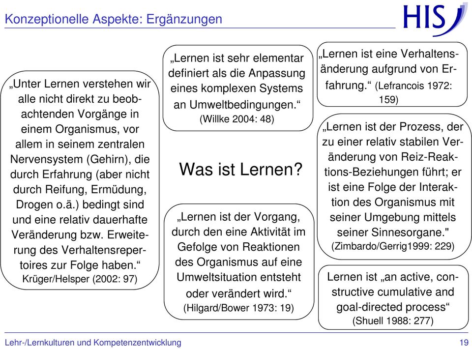 Krüger/Helsper (2002: 97) Lernen ist sehr elementar definiert als die Anpassung eines komplexen Systems an Umweltbedingungen. (Willke 2004: 48) Was ist Lernen?