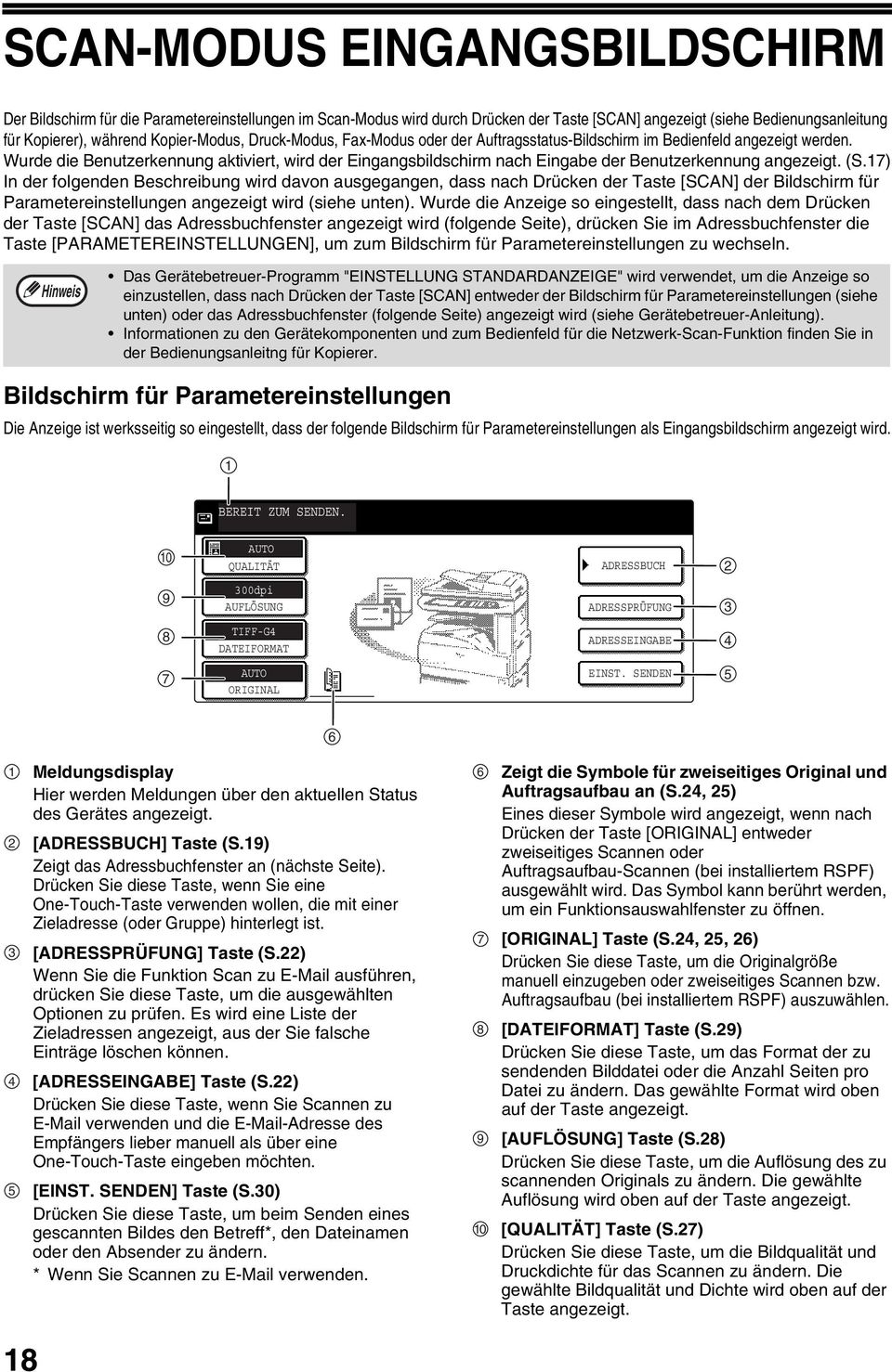 (S.7) In der folgenden Beschreibung wird davon ausgegangen, dass nach Drücken der Taste [SCAN] der Bildschirm für Parametereinstellungen angezeigt wird (siehe unten).