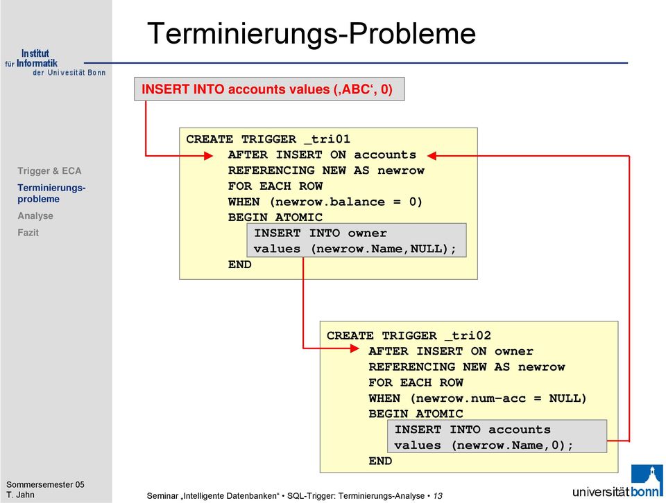 Jahn Seminar Intelligente Datenbanken SQL-Trigger: Terminierungs- 13 CREATE TRIGGER _tri02 AFTER INSERT ON owner