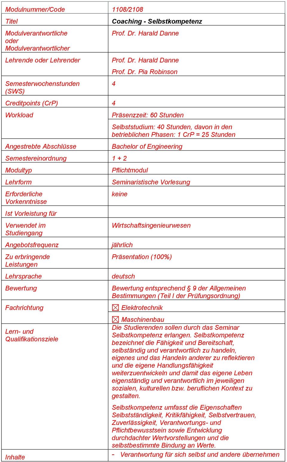 und Qualifikationsziele Inhalte Coaching - Selbstkompetenz Prof. Dr.