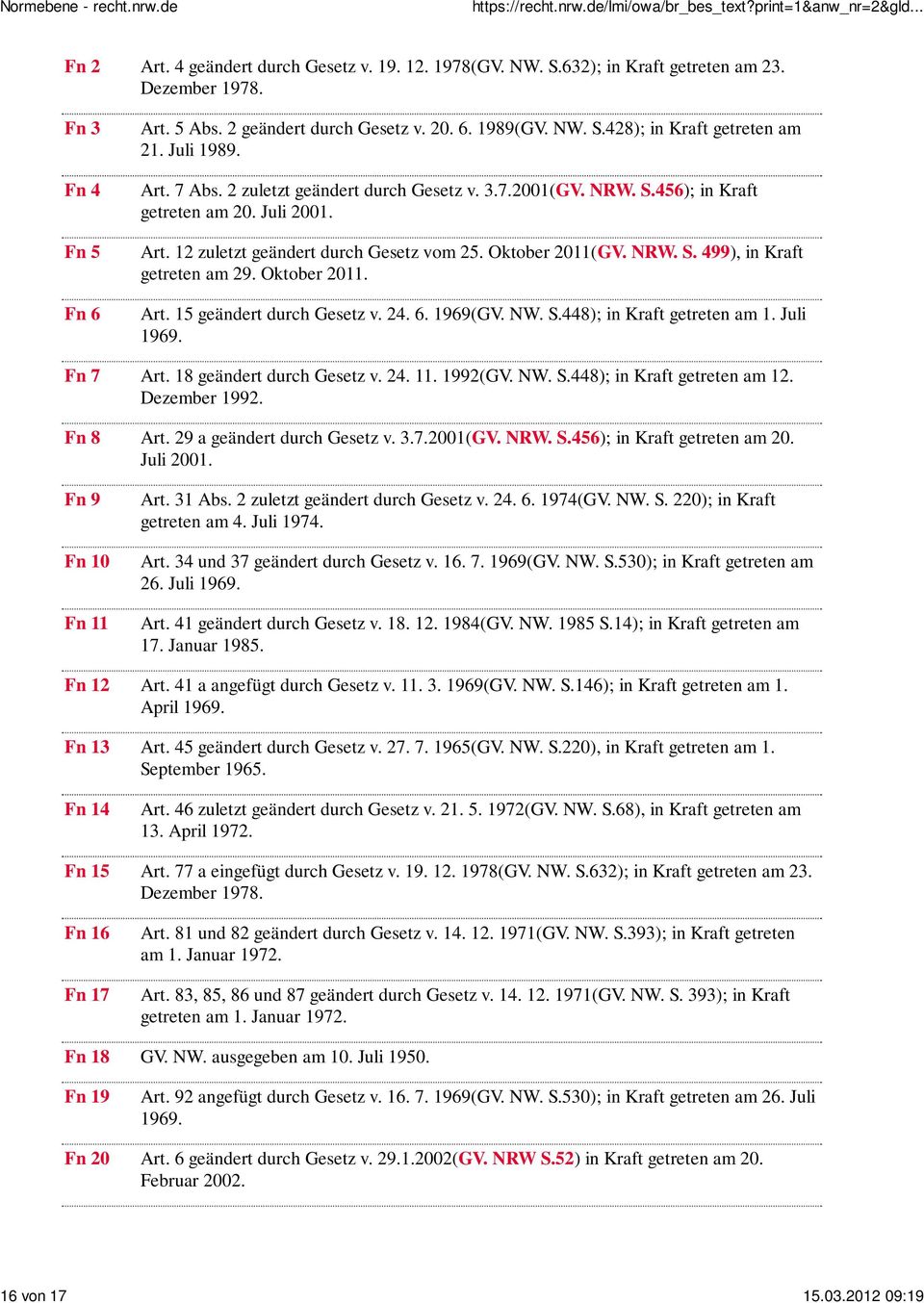 Oktober 2011(GV. NRW. S. 499), in Kraft getreten am 29. Oktober 2011. Art. 15 geändert durch Gesetz v. 24. 6. 1969(GV. NW. S.448); in Kraft getreten am 1. Juli 1969. Fn 7 Art.