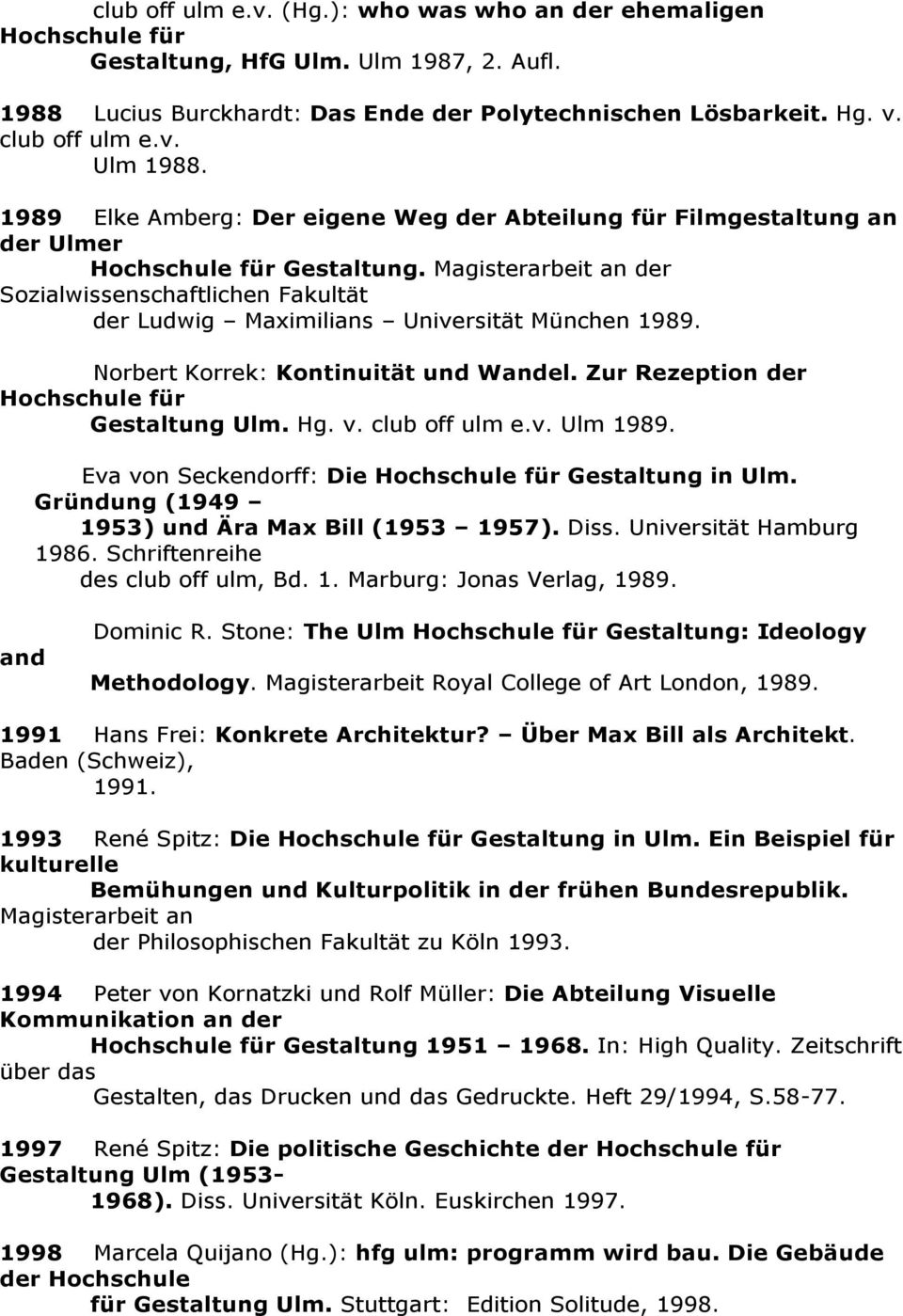 Norbert Korrek: Kontinuität und Wandel. Zur Rezeption der Gestaltung Ulm. Hg. v. club off ulm e.v. Ulm 1989. Eva von Seckendorff: Die Gestaltung in Ulm.