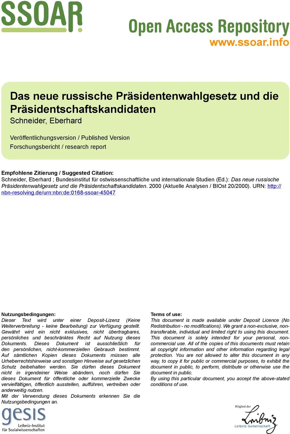 Zitierung / Suggested Citation: Schneider, Eberhard ; Bundesinstitut für ostwissenschaftliche und internationale Studien (Ed.