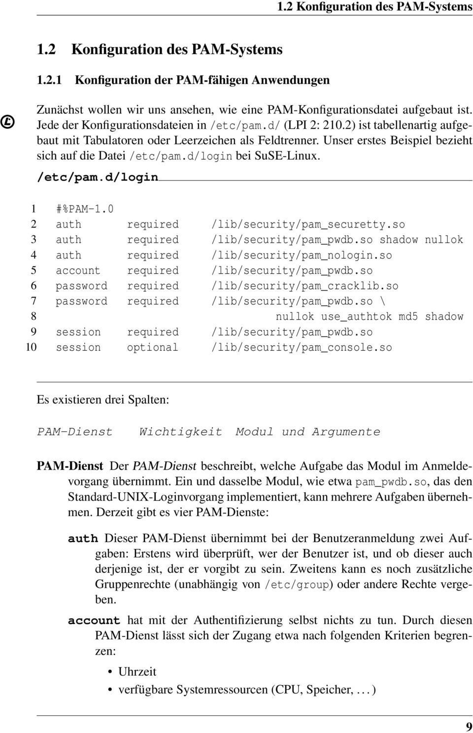 d/login bei SuSE-Linux. /etc/pam.d/login 1 #%PAM-1.0 2 auth required /lib/security/pam_securetty.so 3 auth required /lib/security/pam_pwdb.so shadow nullok 4 auth required /lib/security/pam_nologin.