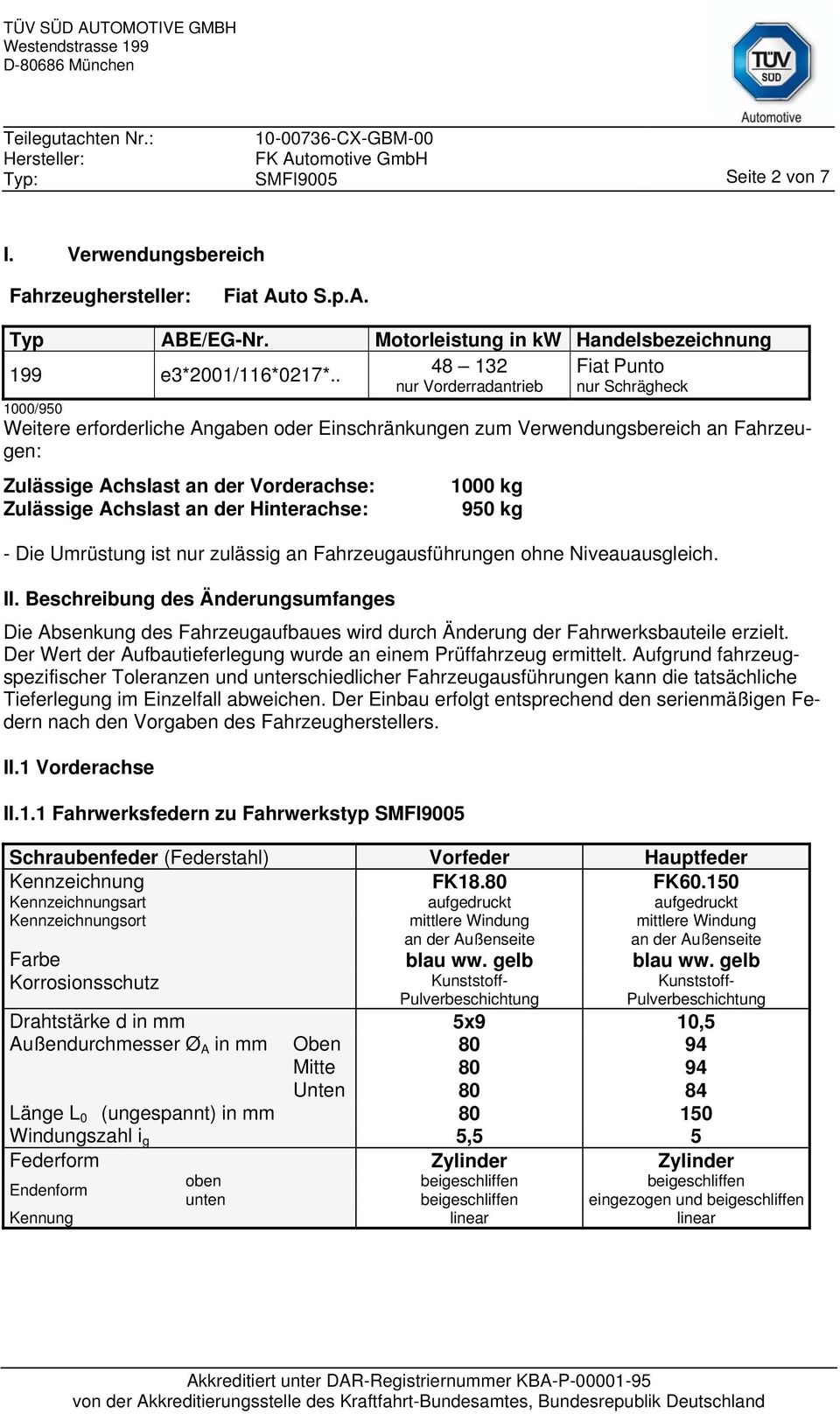 Zulässige Achslast an der Hinterachse: 1000 kg 950 kg - Die Umrüstung ist nur zulässig an Fahrzeugausführungen ohne Niveauausgleich. II.