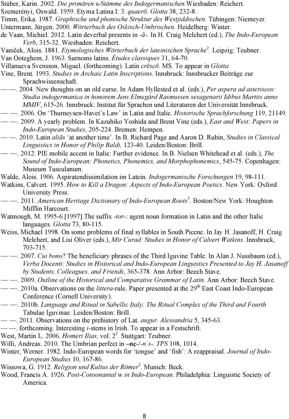 Latin deverbal presents in -ā-. In H. Craig Melchert (ed.), The Indo-European Verb, 315-32. Wiesbaden: Reichert. Vaniček, Alois. 1881. Etymologisches Wörterbuch der lateinischen Sprache 2.