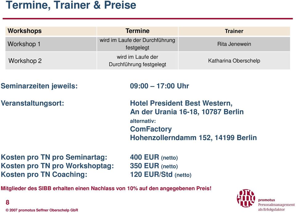 Workshoptag: Kosten pro TN Coaching: 09:00 17:00 Uhr Hotel President Best Western, An der Urania 16-18, 10787 Berlin alternativ: ComFactory