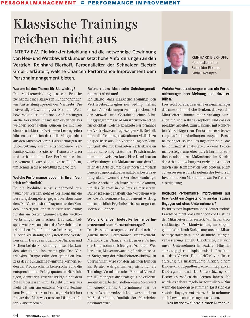 Reinhard Bierhoff, Personalleiter der Schneider Electric GmbH, erläutert, welche Chancen Performance Improvement dem Personalmanagement bieten.