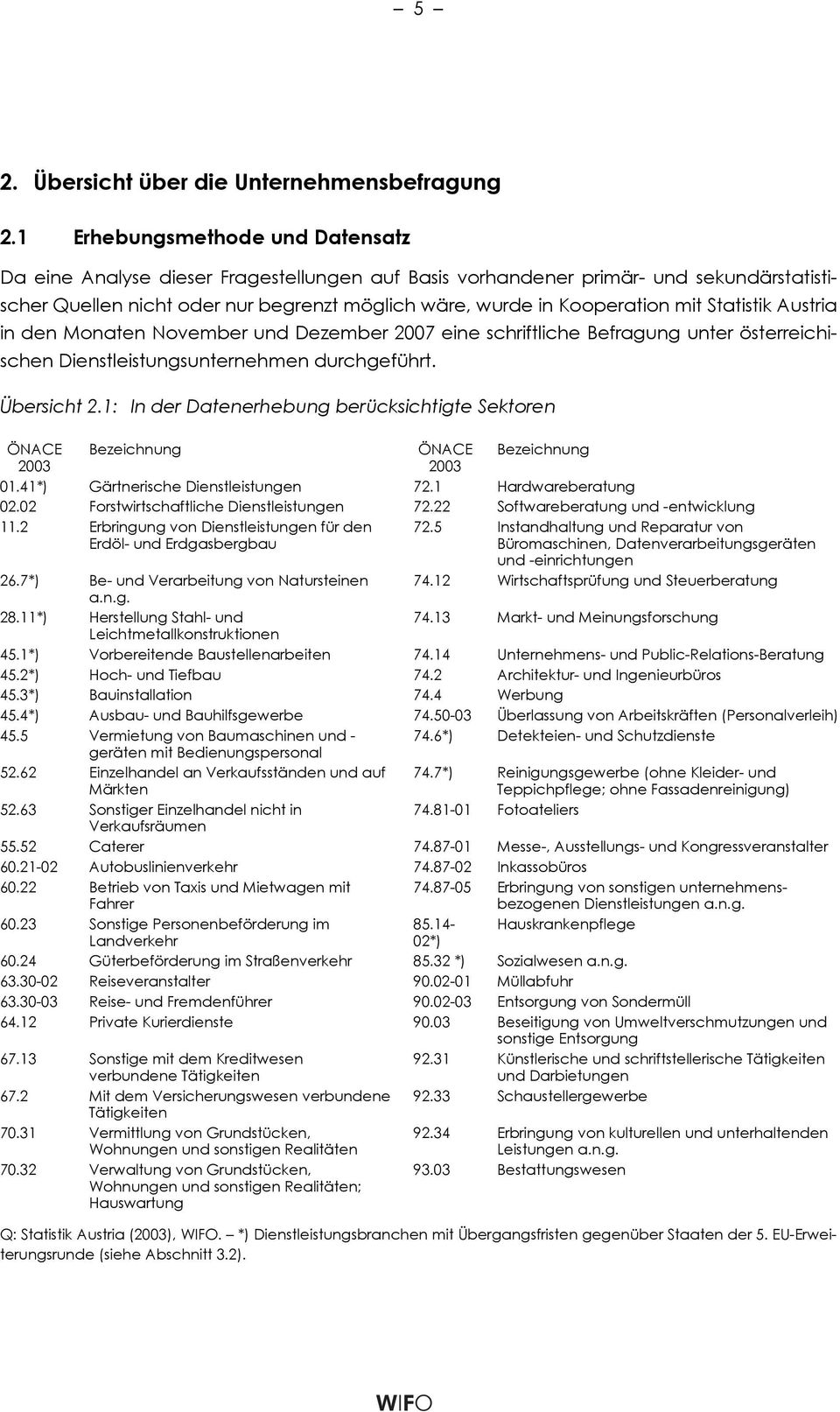 Statistik Austria in den Monaten November und Dezember 2007 eine schriftliche Befragung unter österreichischen Dienstleistungsunternehmen durchgeführt. Übersicht 2.