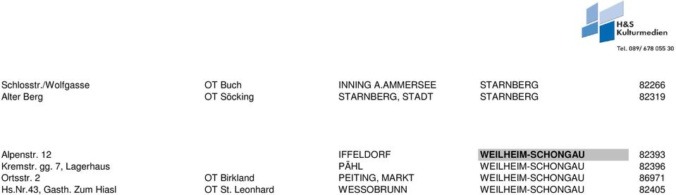 12 IFFELDORF WEILHEIM-SCHONGAU 82393 Kremstr. gg.