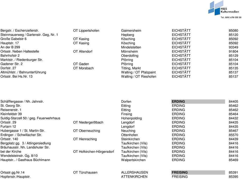 / Riedenburger Str. Pförring EICHSTÄTT 85104 Gadener Str. 2 OT Gaden Pförring EICHSTÄTT 85104 Dorfstr. 27 OT Morsbach Titting, Markt EICHSTÄTT 85135 Altmühlstr.