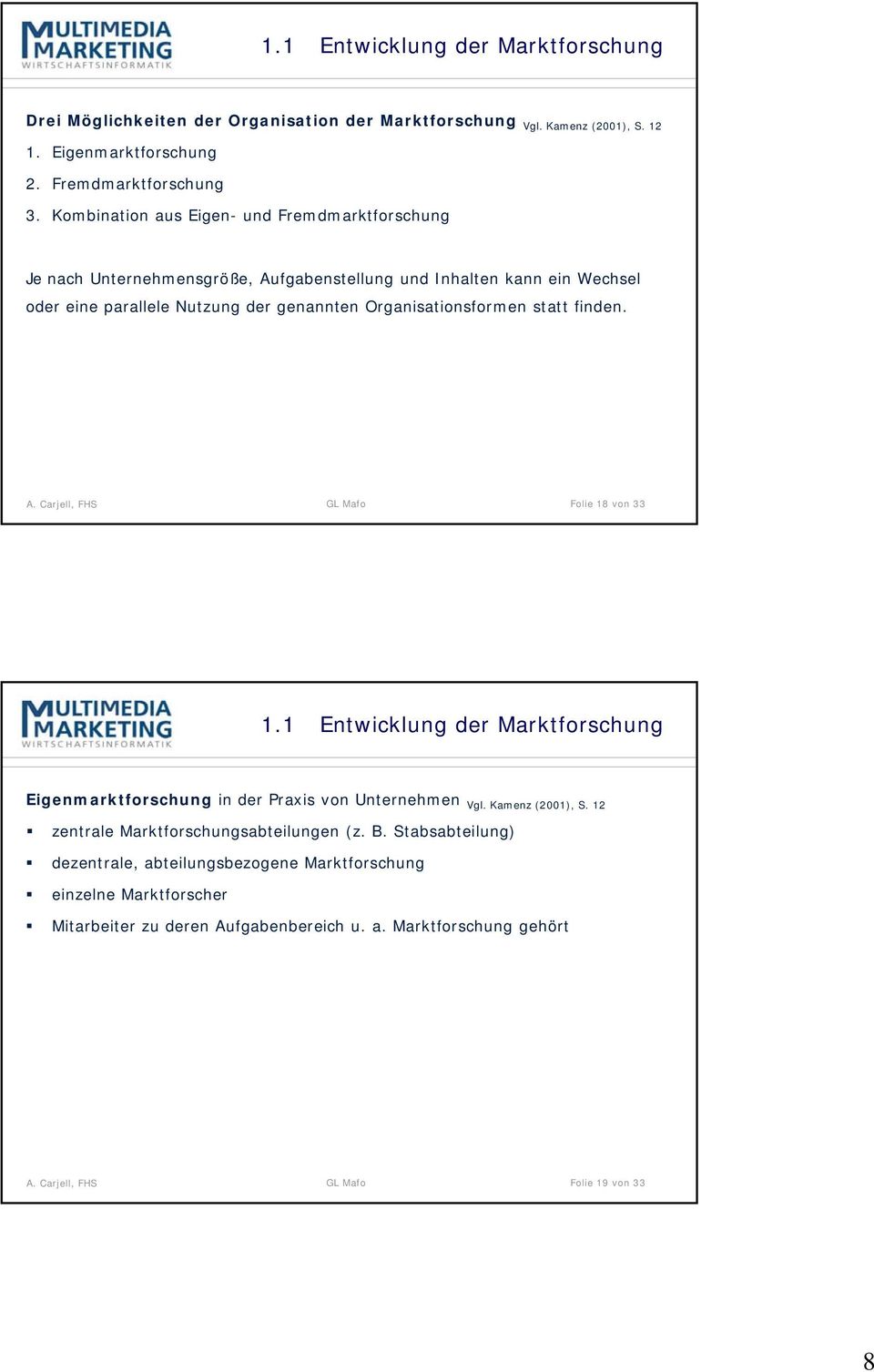 Organisationsformen statt finden. GL Mafo Folie 18 von 33 1.1 Entwicklung der Marktforschung Eigenmarktforschung in der Praxis von Unternehmen Vgl. Kamenz (2001), S.