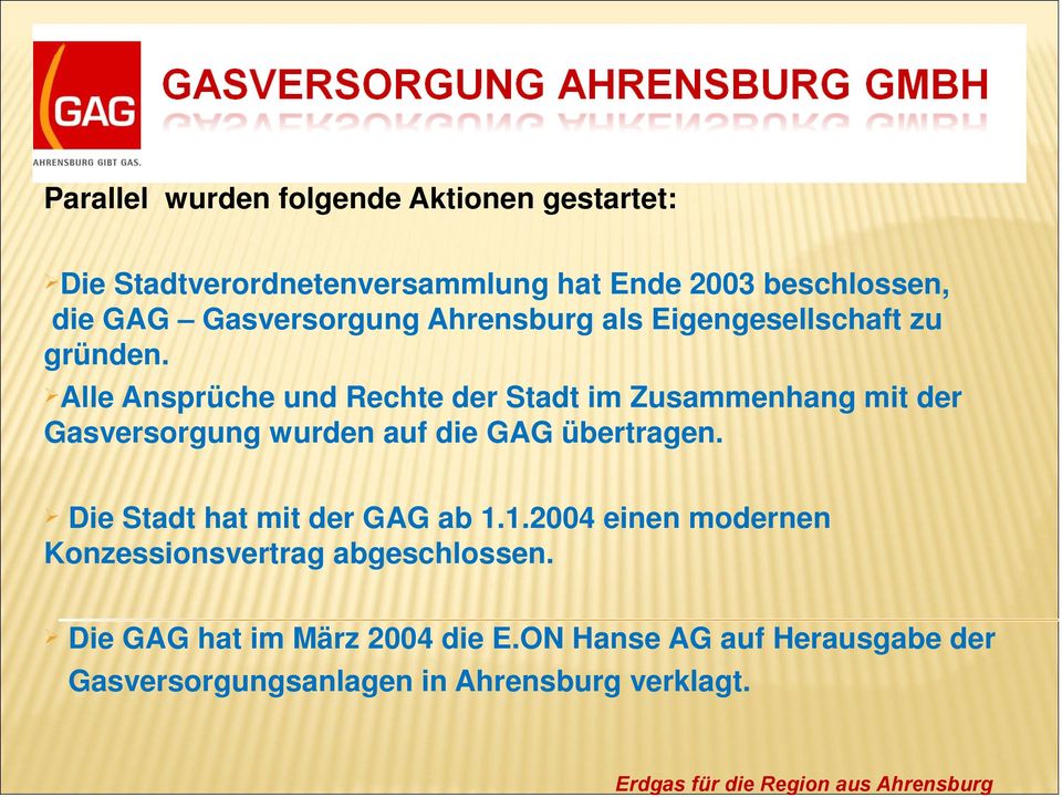 Alle Ansprüche und Rechte der Stadt im Zusammenhang mit der Gasversorgung wurden auf die GAG übertragen.