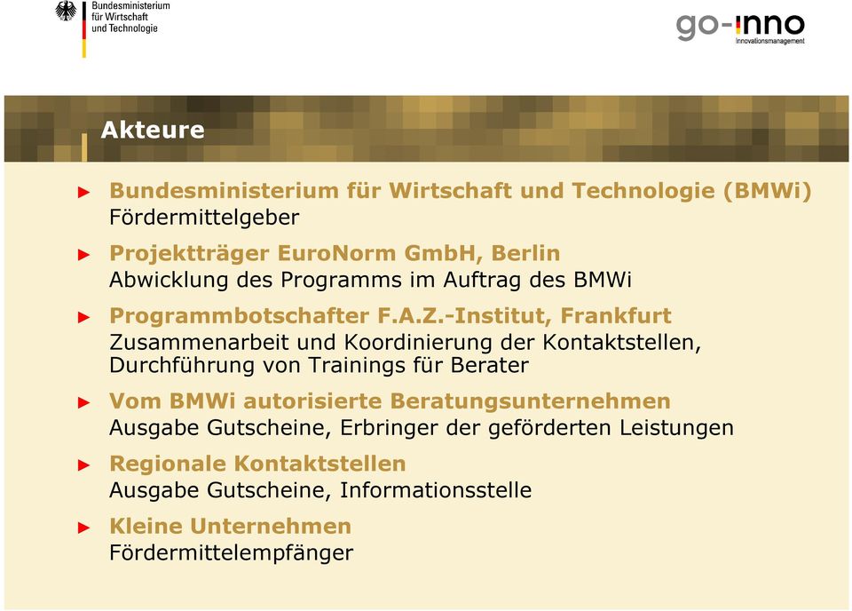 -Institut, Frankfurt Zusammenarbeit und Koordinierung der Kontaktstellen, Durchführung von Trainings für Berater Vom BMWi