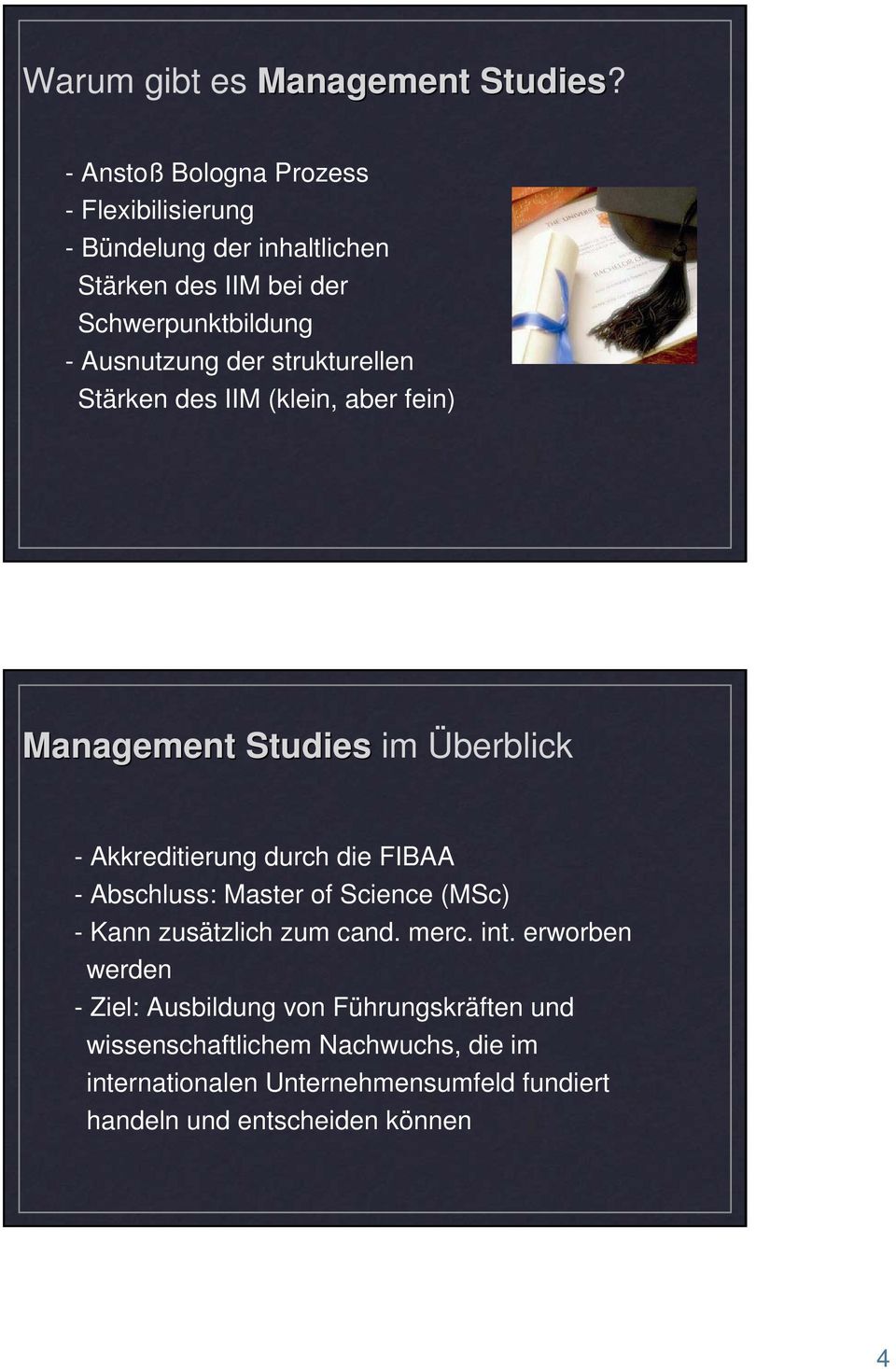 strukturellen Stärken des IIM (klein, aber fein) Management Studies im Überblick - Akkreditierung durch die FIBAA - Abschluss: