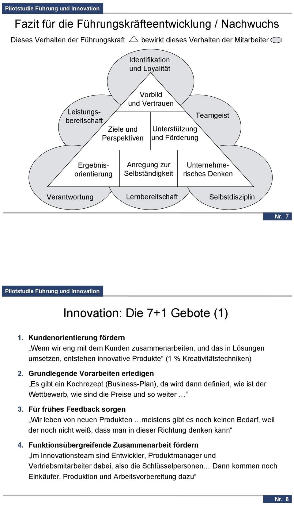 7 Innovation: Die 7+1 Gebote (1) 1. Kundenorientierung fördern Wenn wir eng mit dem Kunden zusammenarbeiten, und das in Lösungen umsetzen, entstehen innovative Produkte (1 % Kreativitätstechniken) 2.