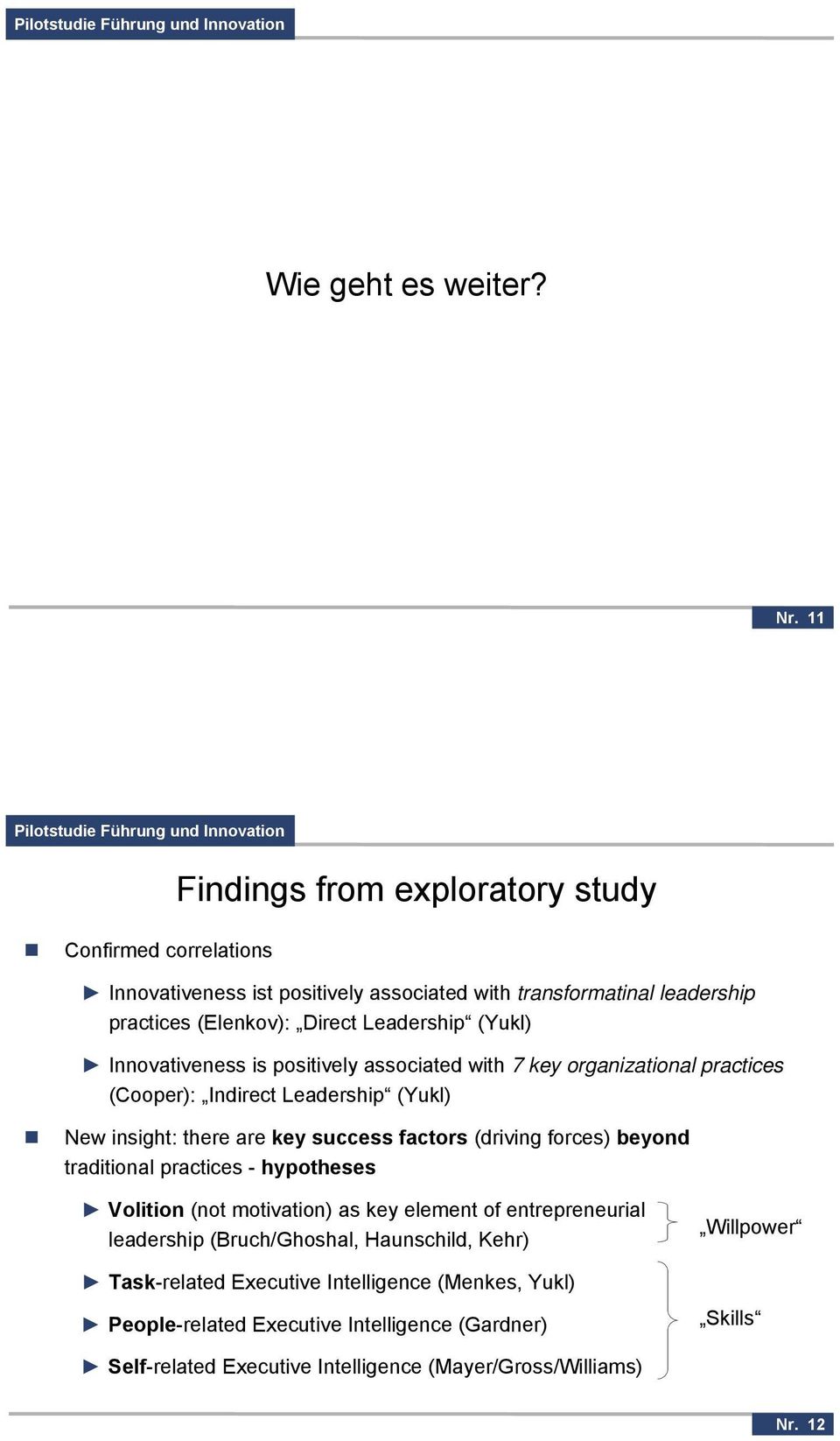 Leadership (Yukl) Innovativeness is positively associated with 7 key organizational practices (Cooper): Indirect Leadership (Yukl) New insight: there are key success