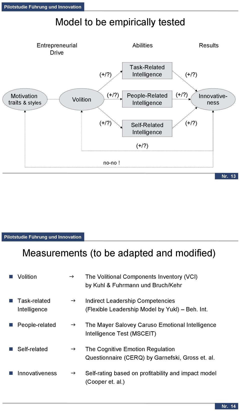 13 Measurements (to be adapted and modified) Volition The Volitional Components Inventory (VCI) by Kuhl & Fuhrmann und Bruch/Kehr Task-related Indirect
