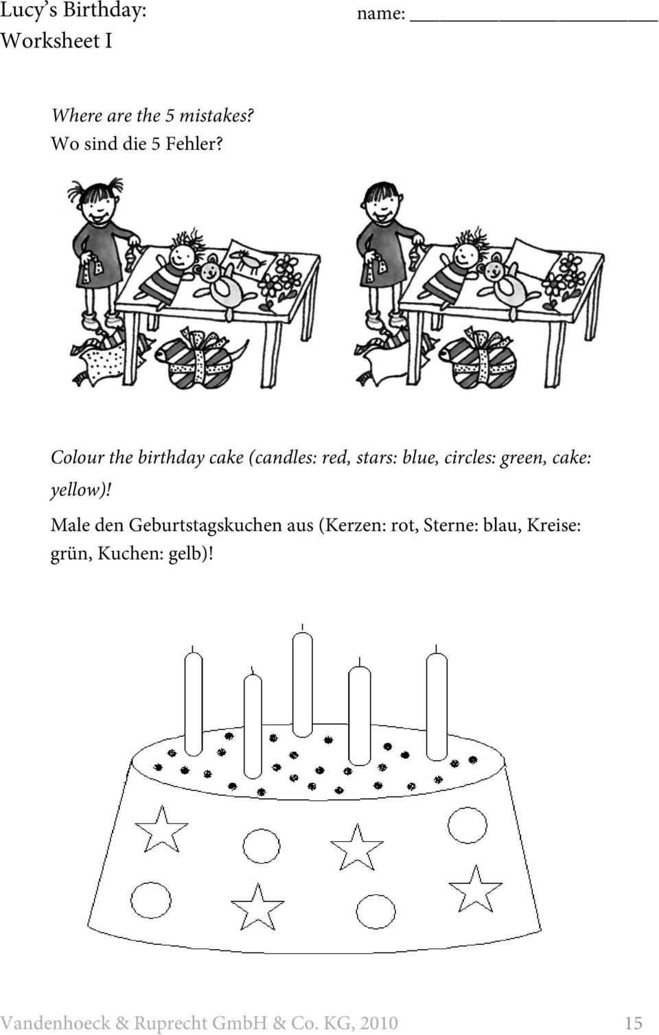 Colour the birthday cake (candles: red, stars: blue, circles: green, cake: